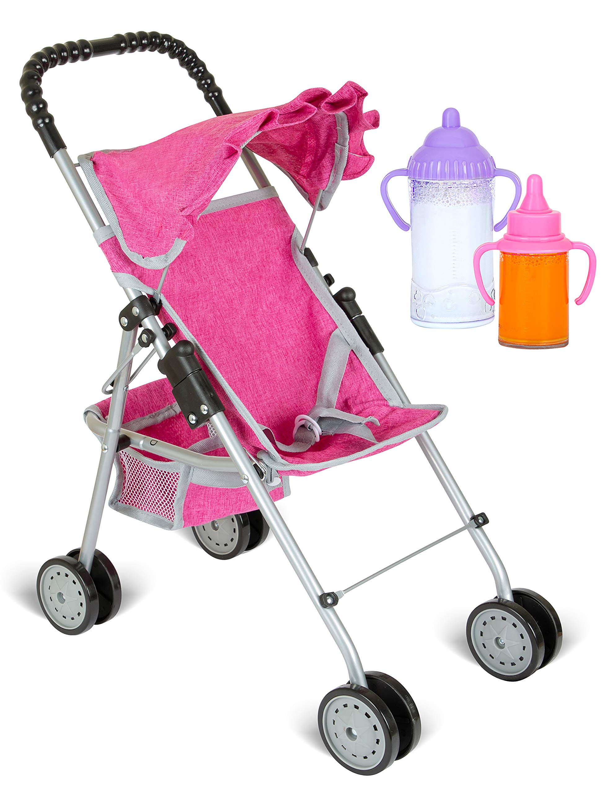 fash n kolor Doll Stroller with Basket, My First Denim Pink Foldable Baby Doll Umbrella Doll Stroller Fits Upto 18" Dolls, Gift Toys for Girls,Baby Doll Accessories Include 2 Free Magic Bottles