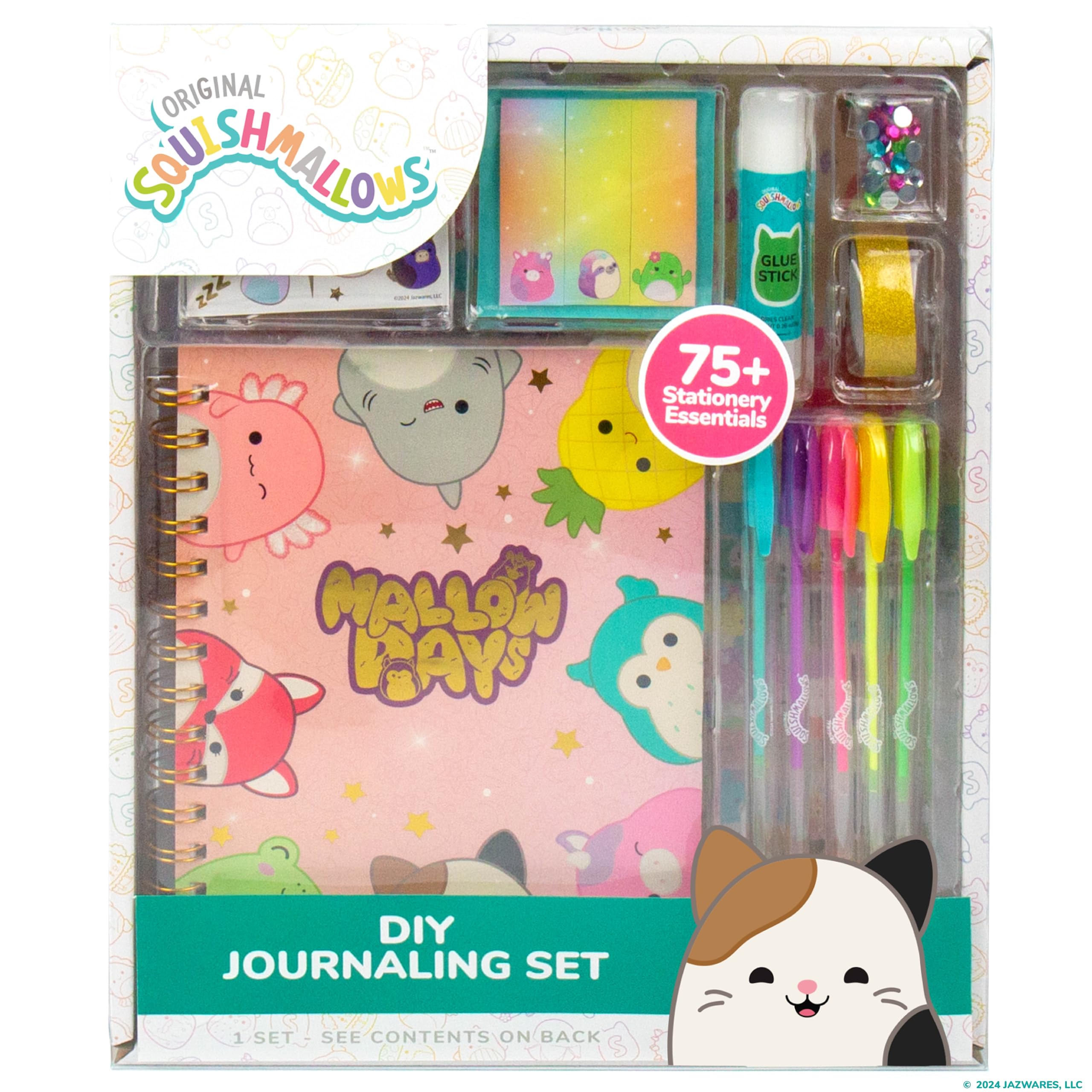 Squishmallows Original DIY Journaling Set, Journaling Kit with Gel Pens, Stickers, Sticky Notes, and Gems, Scrapbook for Kids, Cute Stationary Set, Notebook for Girls, Diary for Girls Ages 8-12