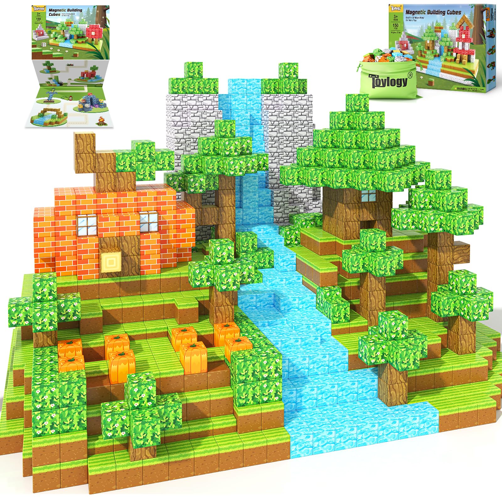 150PCS Magnetic Blocks-Build Mine Magnet World Pumpkin Edition Kids Building Outdoor Toys for 3 4 5 6 7 Years Old Boys Girls, Magnetic STEM Toddler Construction Toys for Halloween Birthday Gifts