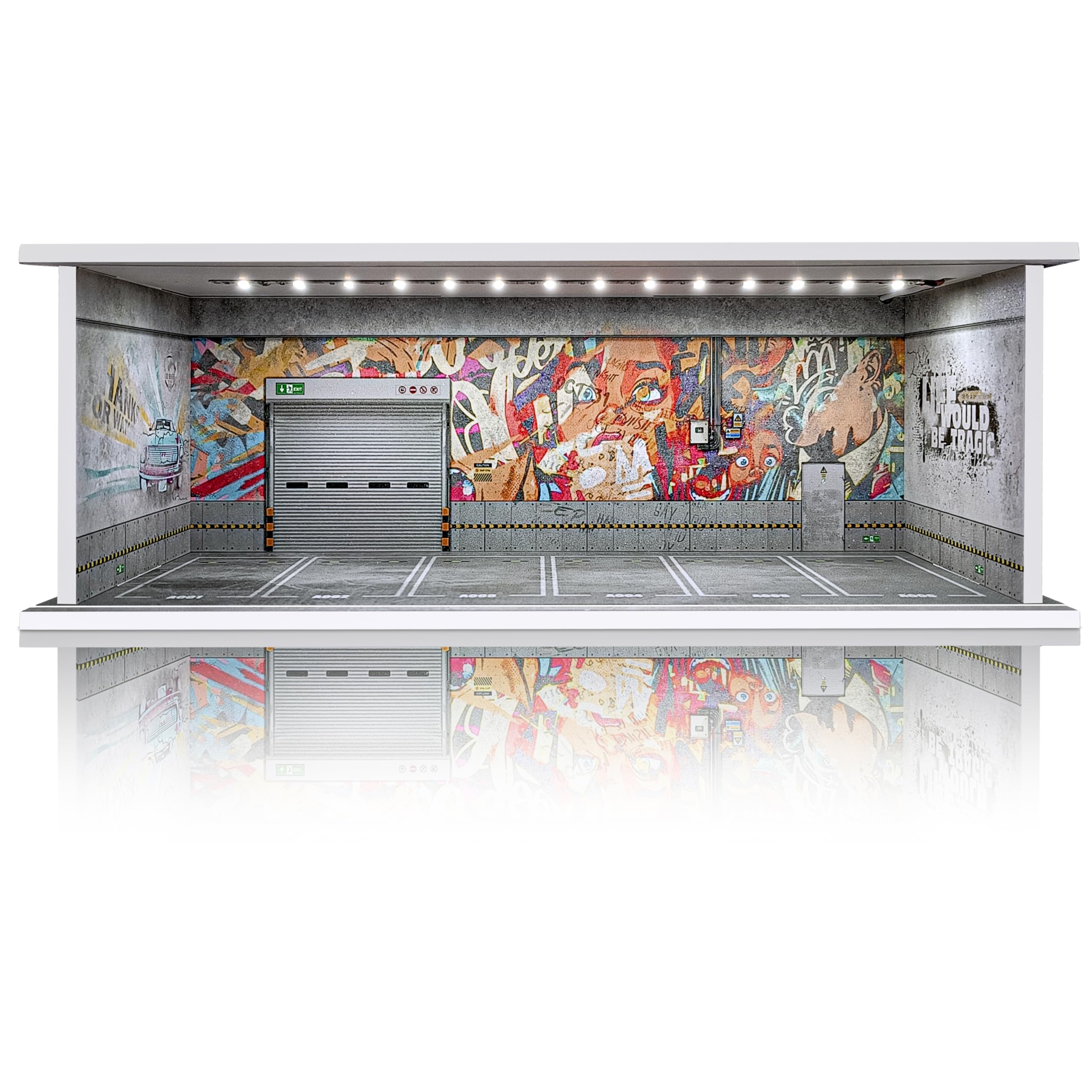 1/64 Scale Cars Display Case: Toy Car Parking Garage with LED Light Compatible with Hot Wheels, FoamBoard Storage Display for Matchbox with Acrylic Cover (Shattering World)