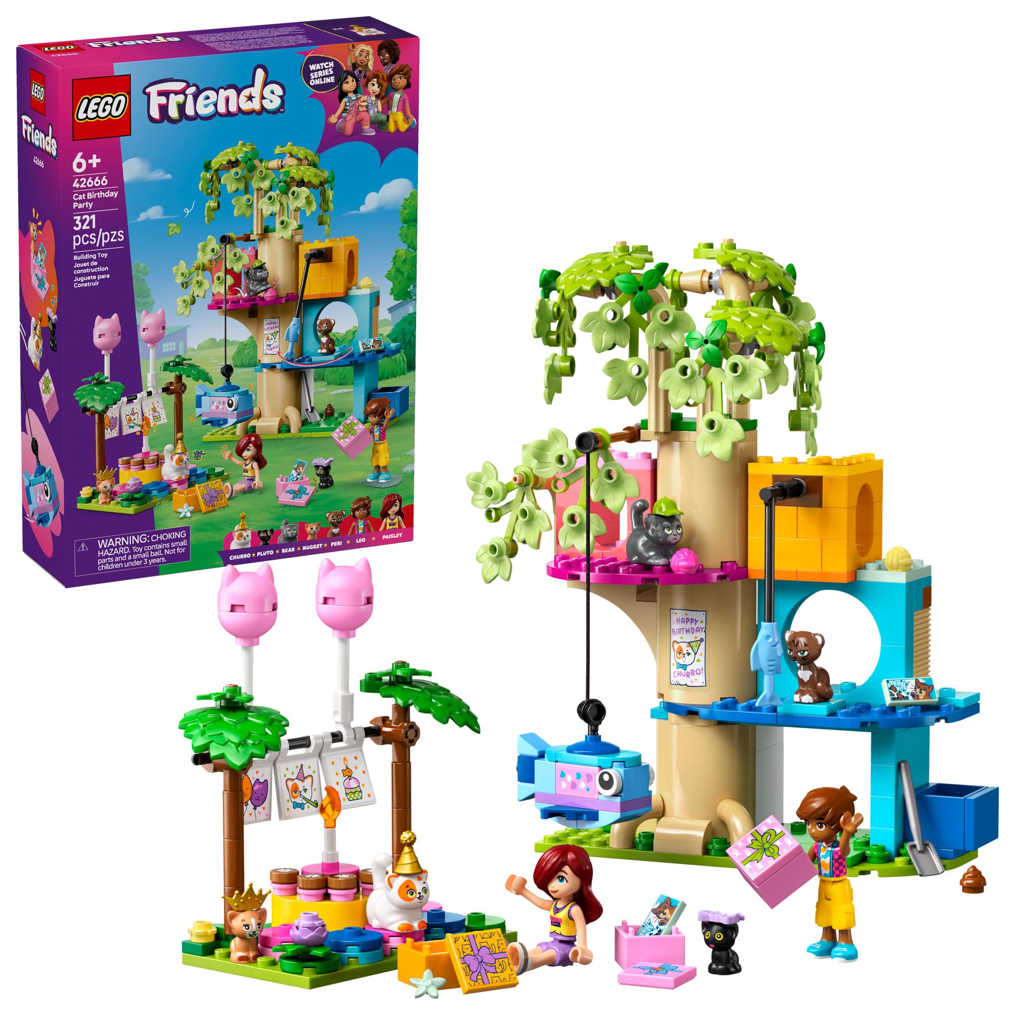 LEGO Friends Cat Birthday Party & Tree House Building Toy - Pretend Play Building Blocks W/Cat Toys & 2 Minidolls - Creative Storytelling Kids Toy for Girls and Boys, 9+ - Birthday Gift Idea- 42666
