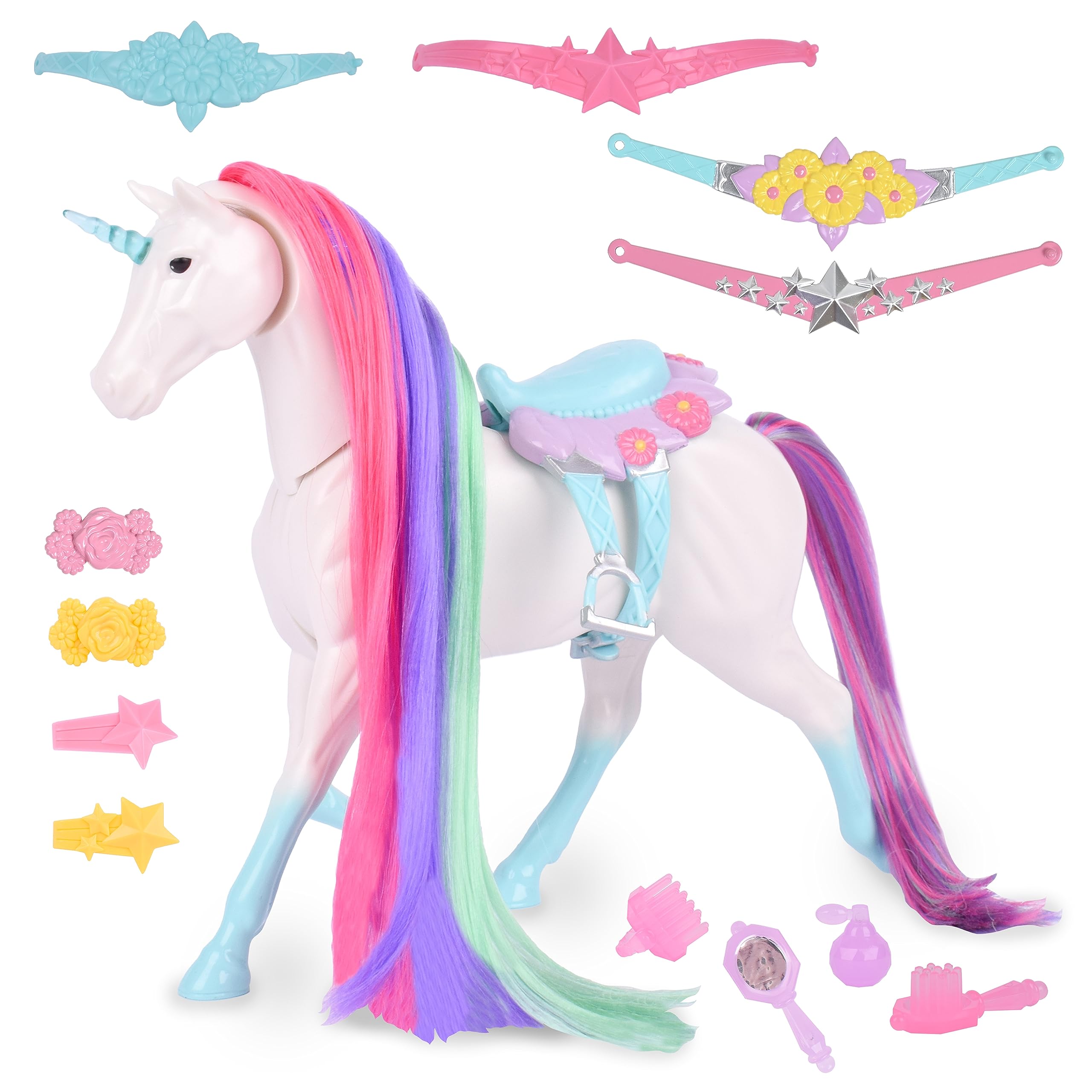 Sunny Days Entertainment Blue Ribbon Champions Fantasy Unicorn Grooming Set, Fantasy Toy Horse with Sounds and 12 Accessories, 4+