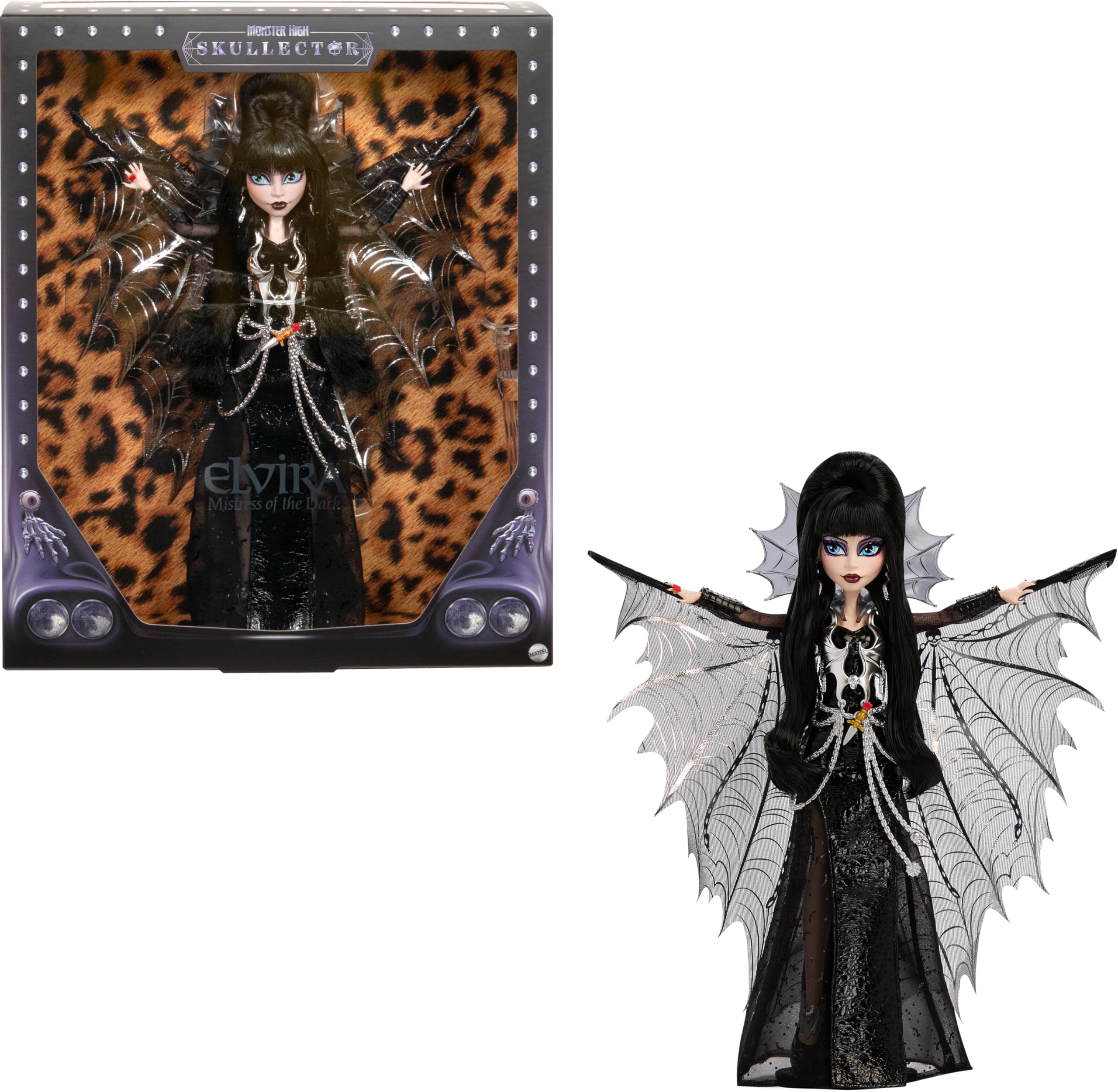 Monster High Doll, Elvira, Mistress of The Dark Collectible in Black Faux Leather Dress with Silvery Batwing Cape and Premium Accessories