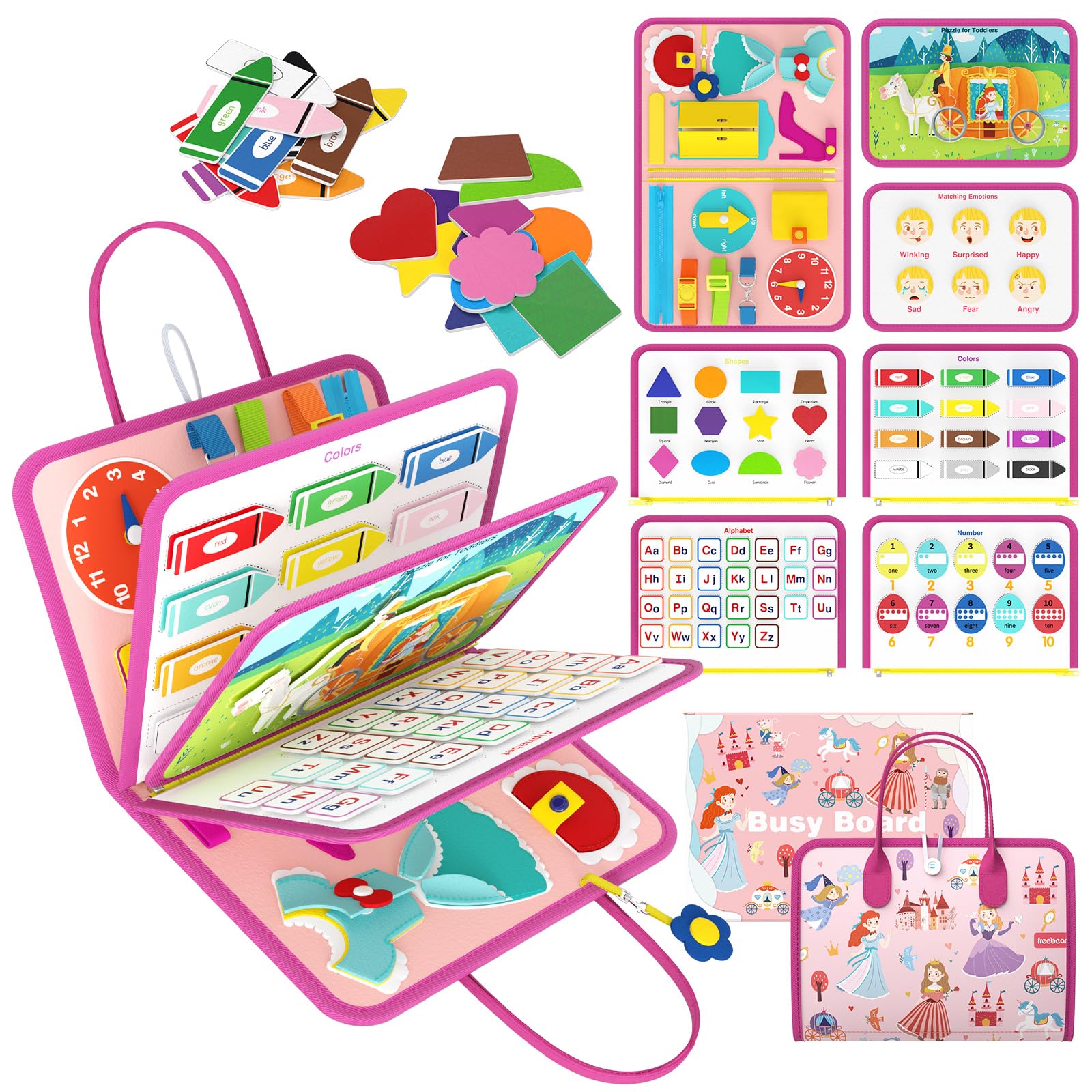 Freebear Deluxe Pink Princess Quiet Book Sensory Board for Toddlers 1-4, Montessori Educational Toys for Girls, Travel Toys with Activities