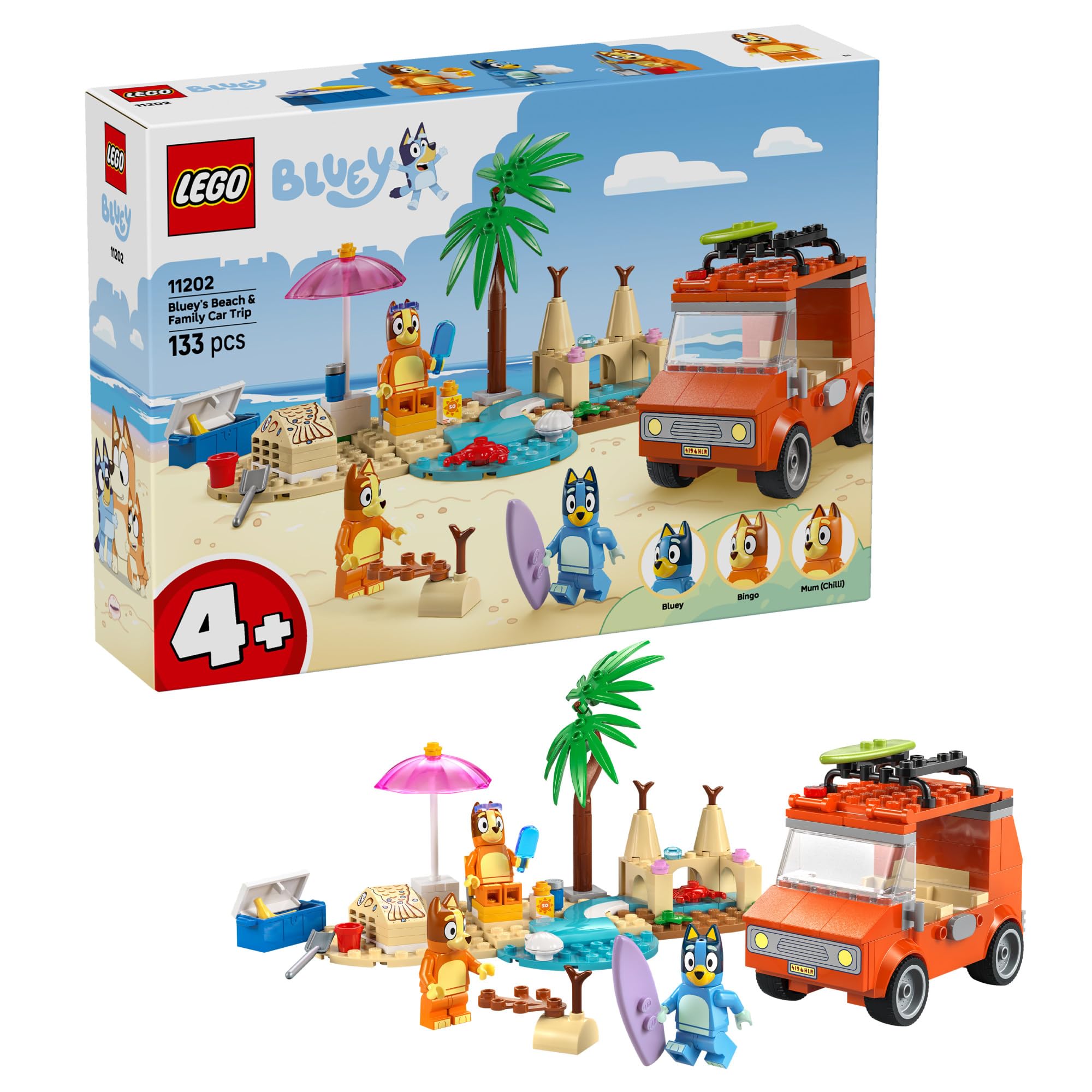LEGO Bluey: Bluey’s Beach & Family Car Trip - Toddler Learning Toy for Kids 4+ - Includes Bluey, Bingo, and Mum Minifigures - Birthday Gift for Boys and Girls, Ages 4+ - 11202