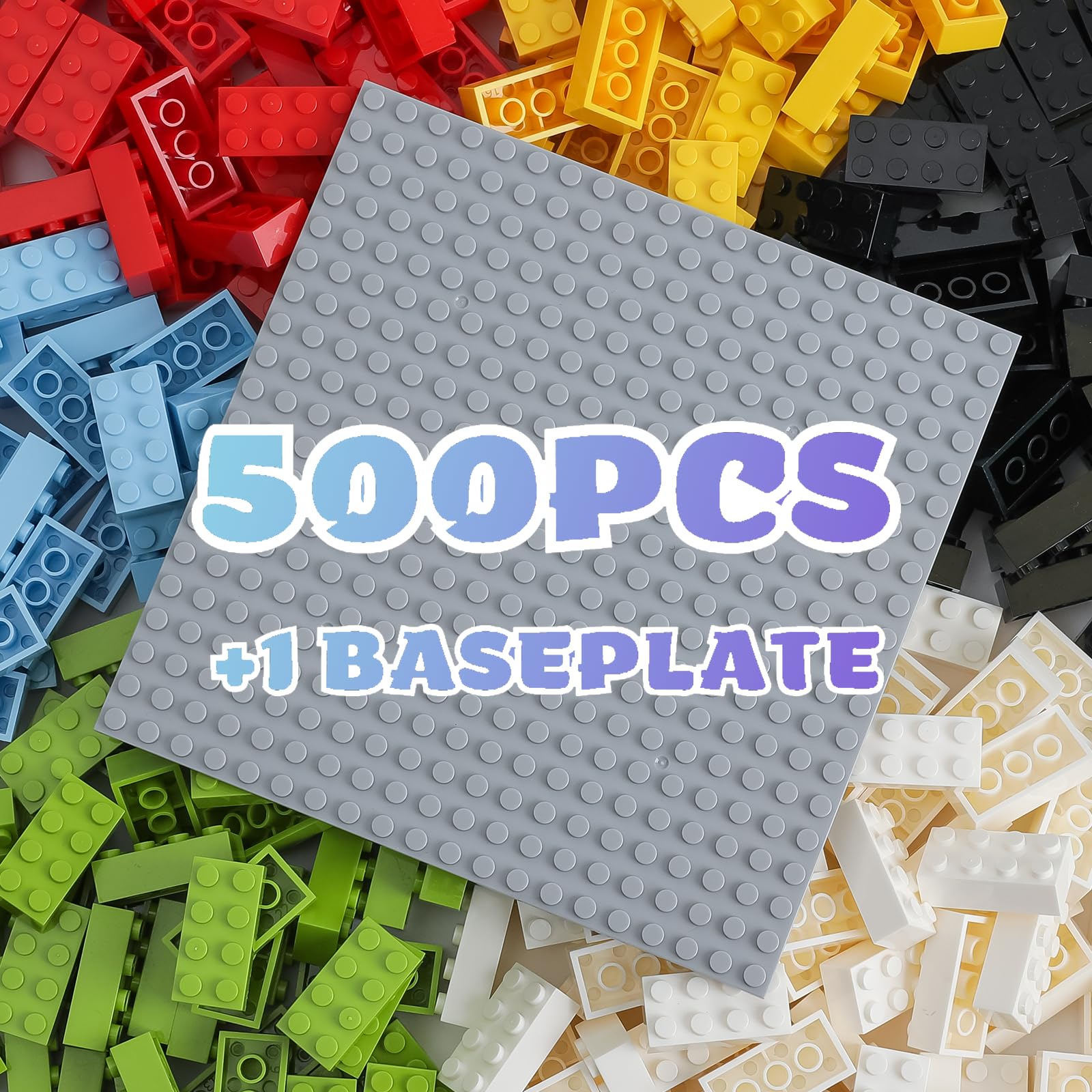2x4 Bricks 500 Piece Classic Building Bricks and 1 Gray Baseplate, 2x4 Bricks Bulk Creative Building Toys, Blocks Bulk for Kids Ages 6+, 6 Colors