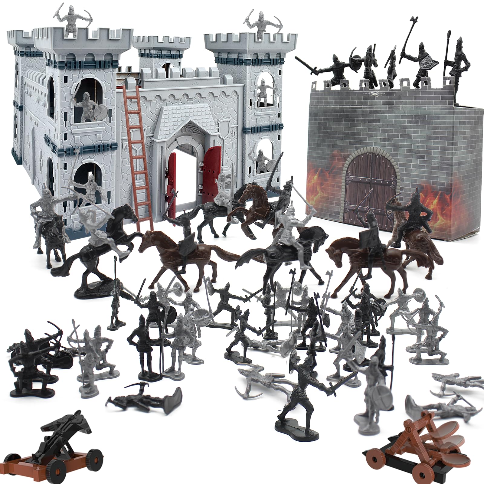 Plustopoy Medieval Castle Knight Toy Soldier Army Figurines, DIY Assembled Cavalry, Arrow Tower,8 Knights and 8 Horse, 36 Soldiers, Simulated Siege War of Attack Castle Toy for Boys