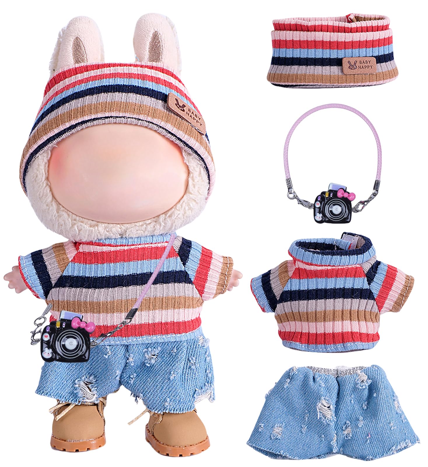 4-Piece Handcrafted 15cm/17cm Doll Clothes for Labubu (No Doll), Cute and Crochet Colorful Rainbow Outfits with Accessories, Hand Crocheted Hat, Sweaters, Blue Pants, Camera Bag for Girls Boys AK072