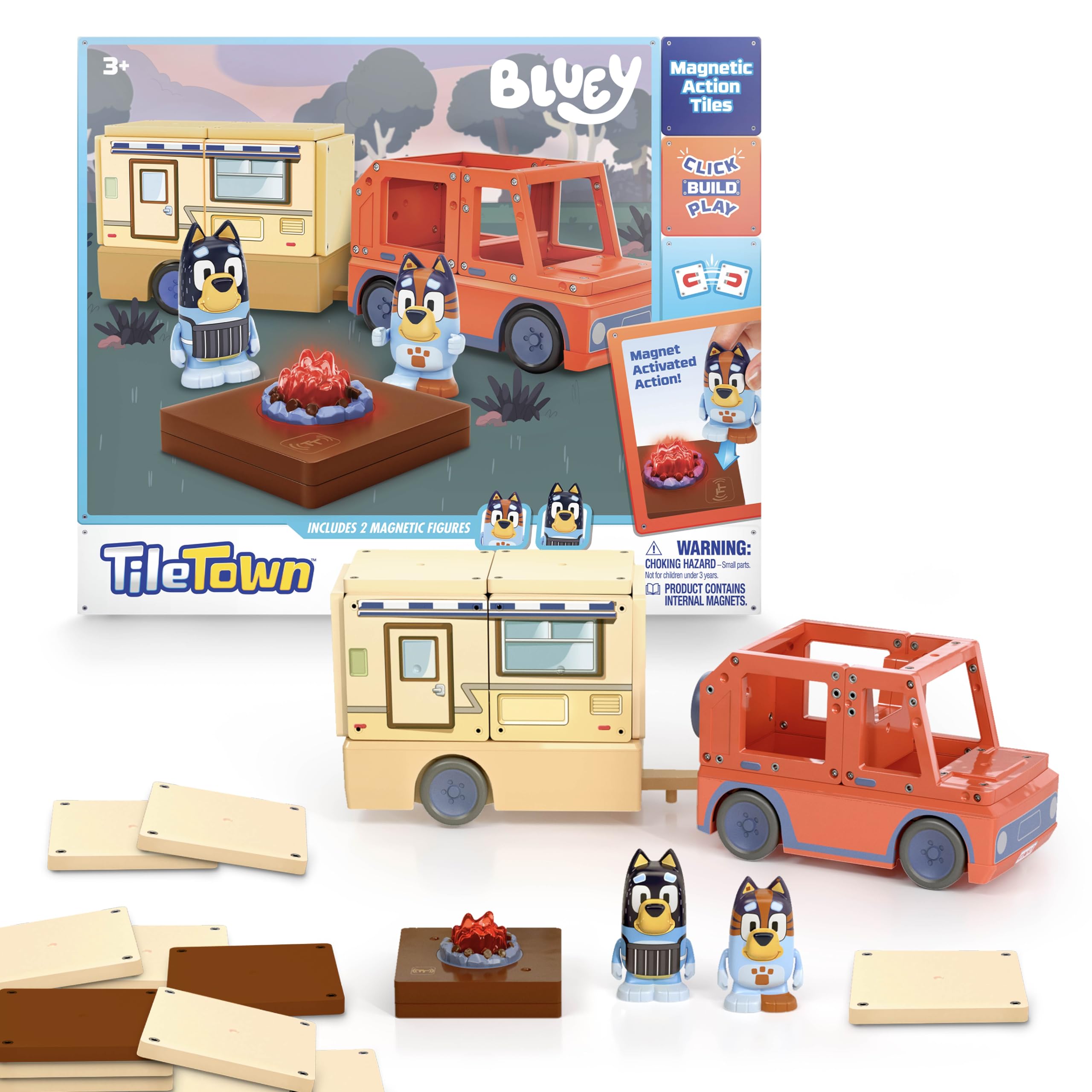 Tile Town Bluey Heeler Camper Magnetic Tile Set with Bluey and Bandit Figures, Magnetic Building Set, Interactive Construction Toy, Safe and Creative Magnet Tiles, Buildable Tile Sets for Kids 3+