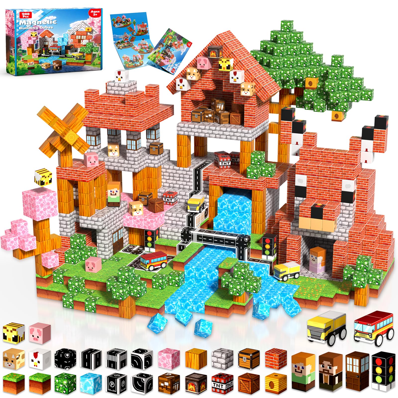 200 PCS Magnetic Blocks - Magnetic Building Blocks Cubes, Magnet Toys for Kids Age 3+, Toy Building Set for Kids, Magnets Stacking Construction Birthday Gifts for Boys Girls Age 4-8, 8-12