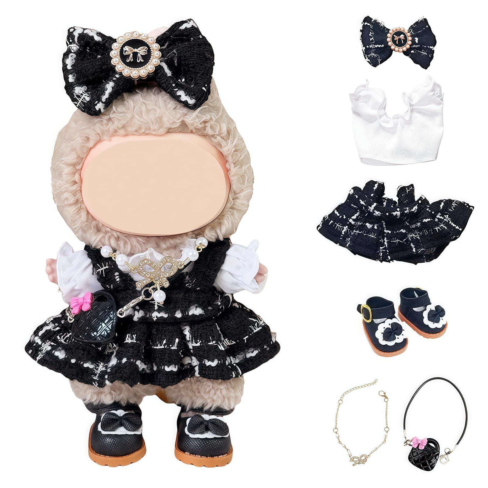 6 Set 17cm Doll Clothes, Clothes for Dolls Outfit, Accessories for 17cm Dolls Clothes T-Shirt + Dress + Bow + Handbag + Necklace + Shoes, No Doll (Elegant Set)