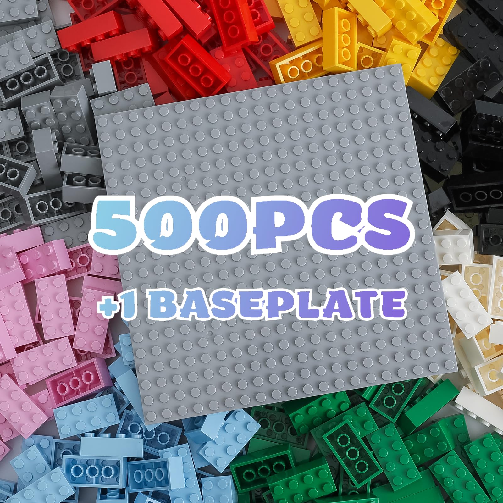 2x4 Bricks 500 Piece Classic Building Bricks and 1 Gray Baseplate, 2x4 Bricks Bulk Creative Building Toys, Blocks Bulk for Kids Ages 6+, 8 Colors