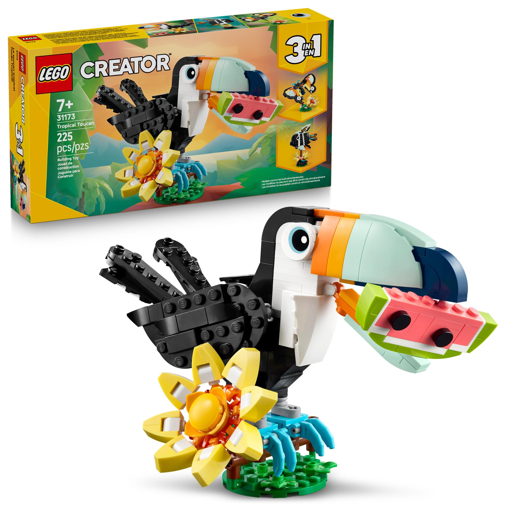 LEGO Creator 3 in 1 Wild Animals: Tropical Toucan Building Toy for Kids- Jungle Building Blocks & Learning Toy for Girls & Boys, Ages 7+ - Build 3 Animal Toys in 1 Set - Gift for Birthdays - 31173