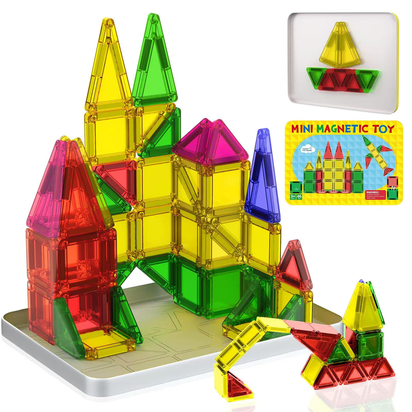 Anyeve Mini Magnetic Tiles, 46PCS Travel Magnetic Tiles with Case, STEM Educational Building Set Construction Toys for Kids Ages 3+, Portable Building Toys for Toddlers, Boys & Girls Birthday Gift