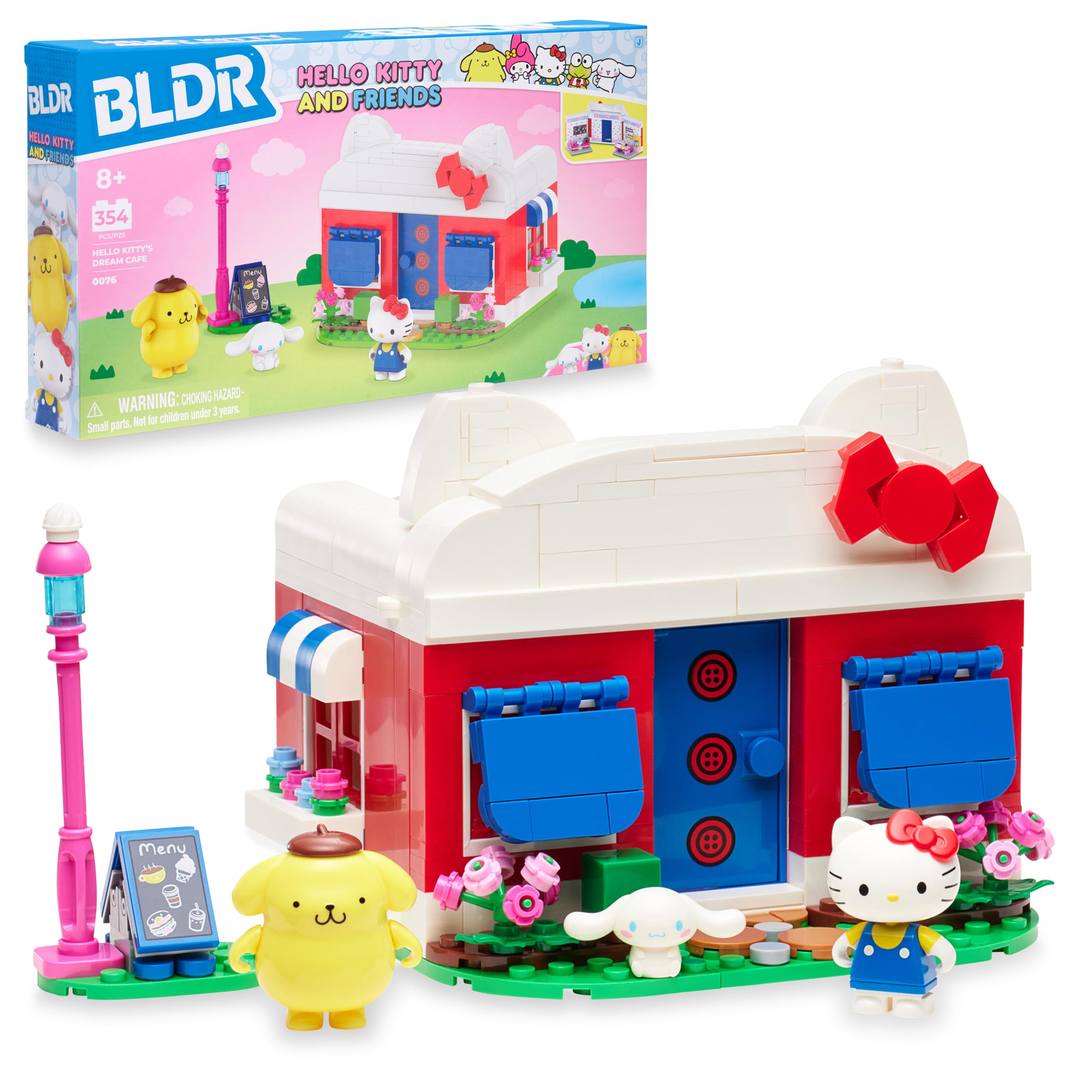 BLDR Hello Kitty and Friends, Hello Kitty’s Dream Cafe Building Set 0076 with Hello Kitty, Cinnamoroll, and Pompompurin Minifigures - Gift for Kids and Sanrio Fans Ages 8+