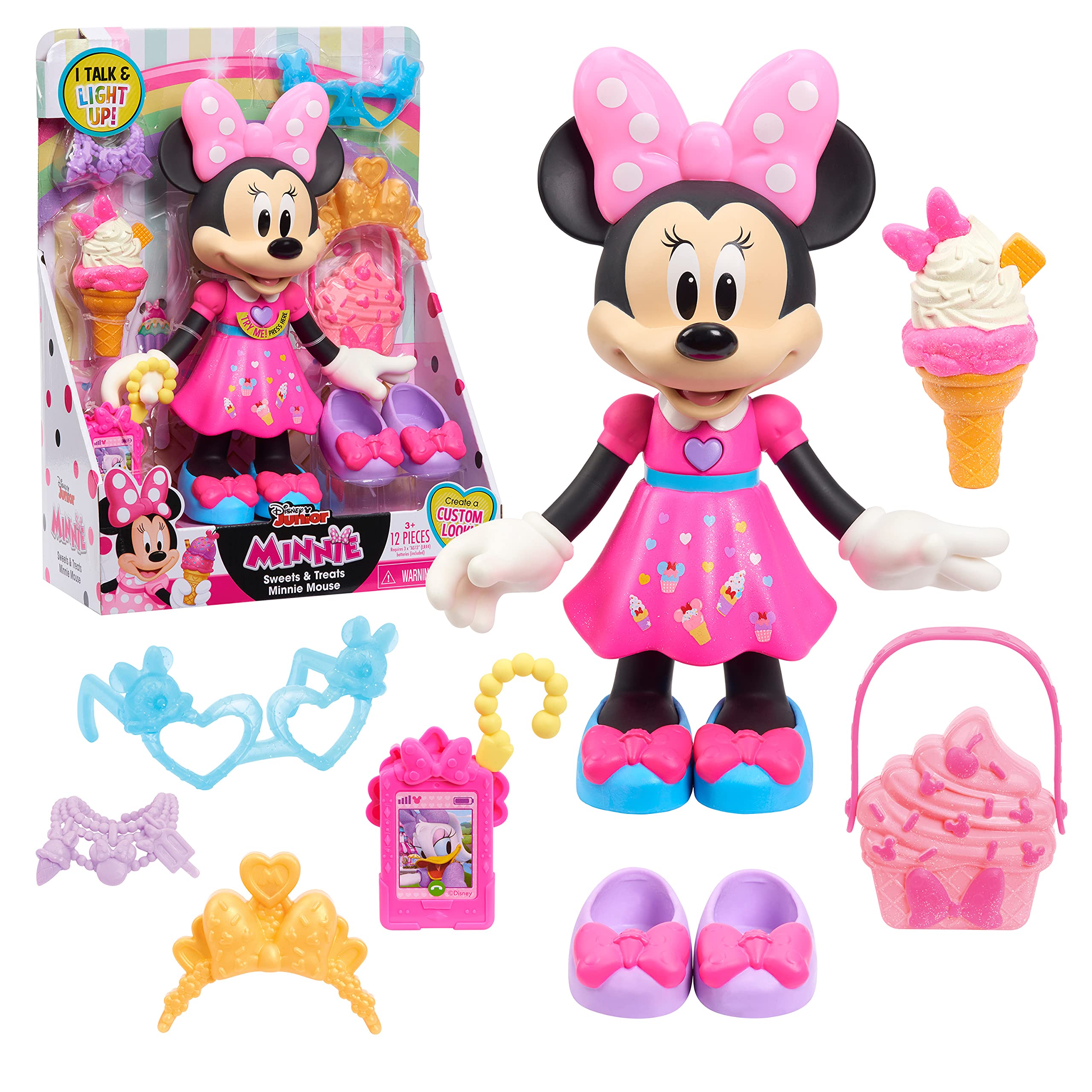 Disney Junior Sweets & Treats Minnie Mouse, Interactive 10-Inch Doll with Lights, Sounds, and Accessories, Kids Toys for Ages 3 Up, Amazon Exclusive by Just Play