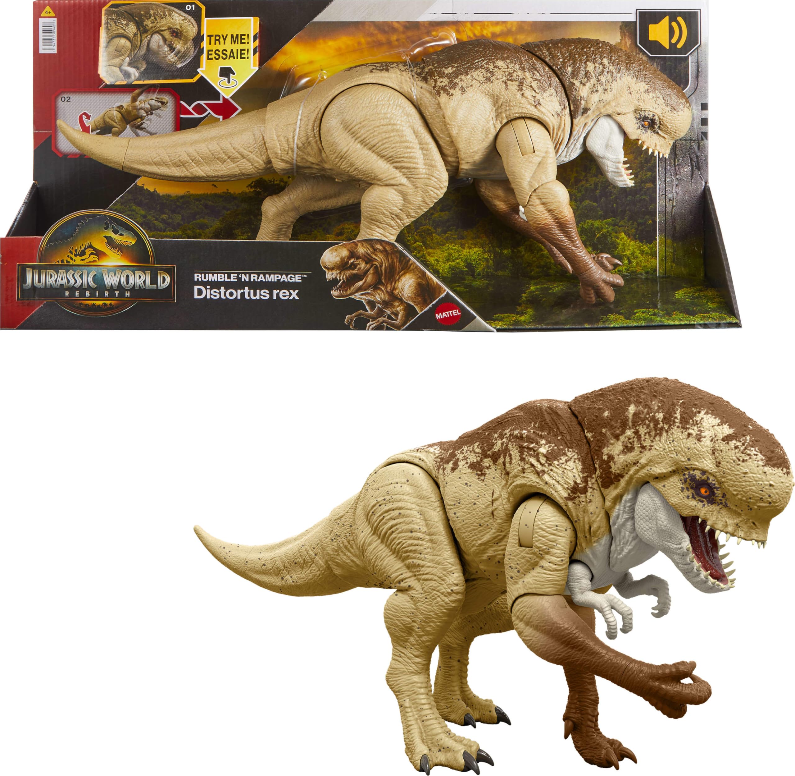 Mattel Jurassic World Rebirth Distortus Rex Rumble N Rampage Dinosaur Action Figure 22 Inch with 2 Attack Actions, Content-Accurate, Digital Play