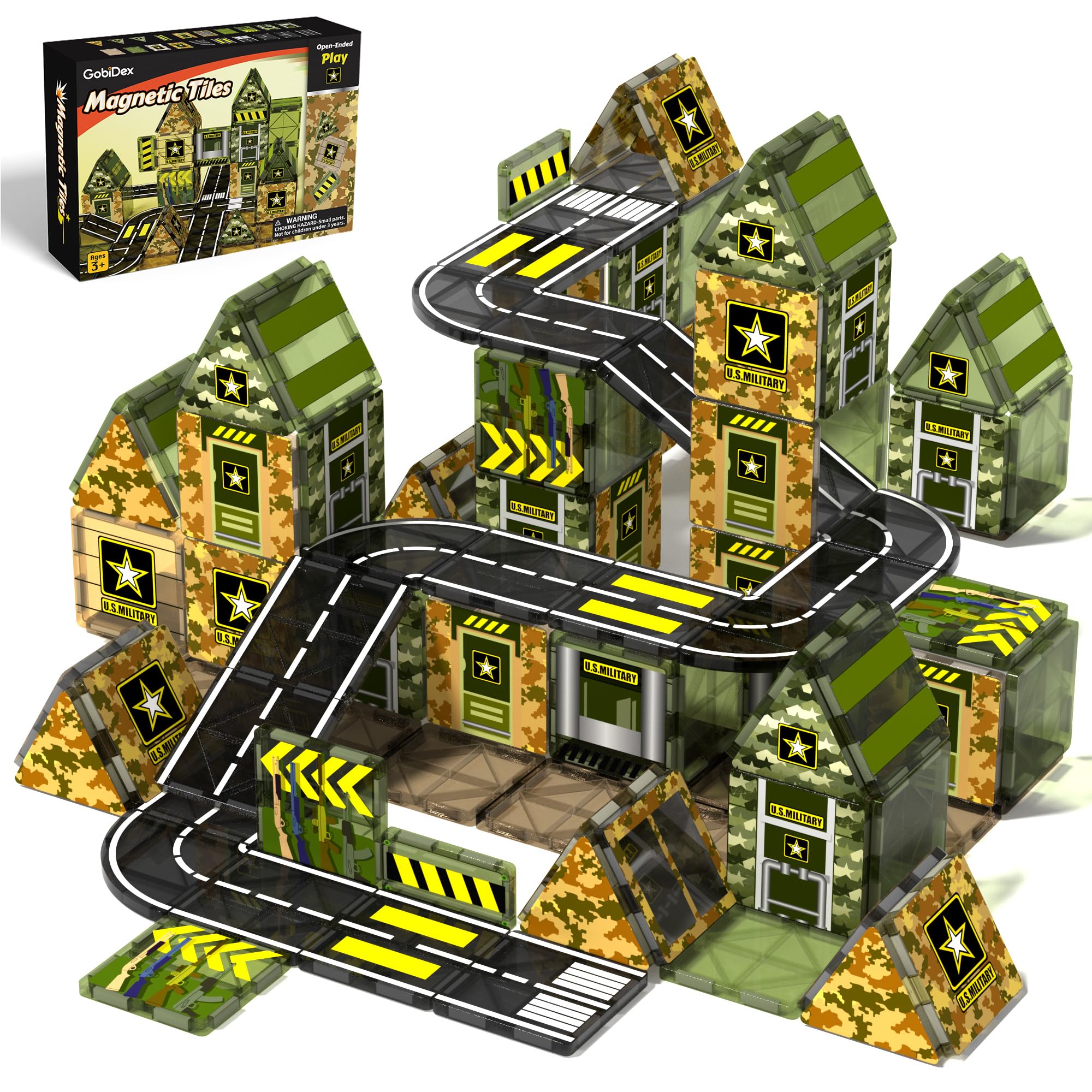 GobiDex Magnetic Tiles Army Toys, STEM Military Magnetic Building Blocks for Toddler Kids Ages 3-5 4-8, Magnet Construction Toys Birthday Gifts for 3+ Year Old Boys & Girls Army Men Playset