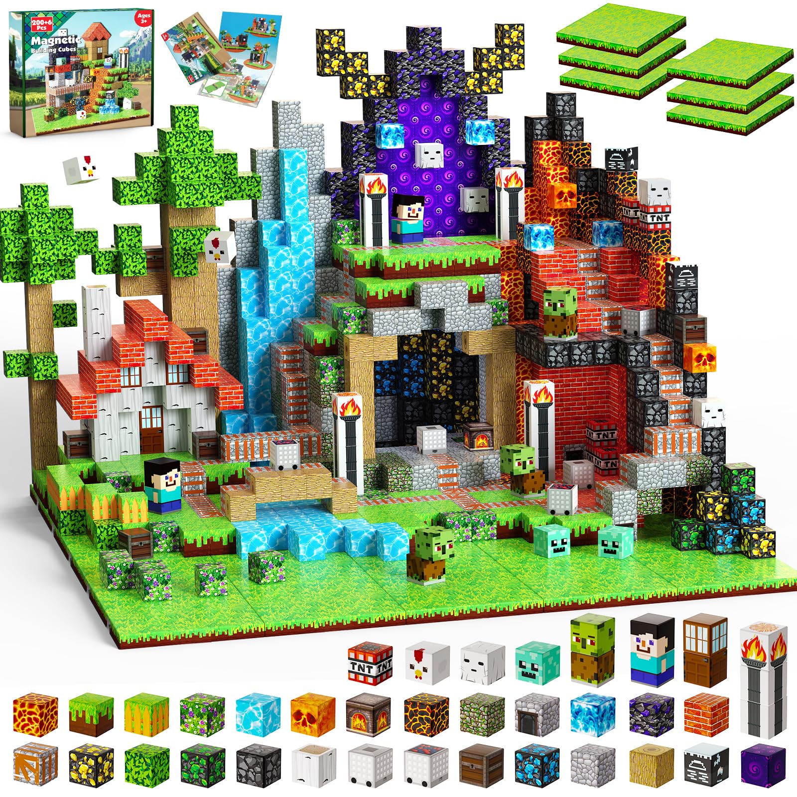 200PCS Magnetic Blocks - Magnet Blocks with 6 Baseplate,Magnetic Building Blocks for Kid Ages 3 4 5 6 7 8, Stacking Magnets for 3-8 Kids, Birthday Gifts for 3-10 Year Old Boys Girls, STEM Learning Toy