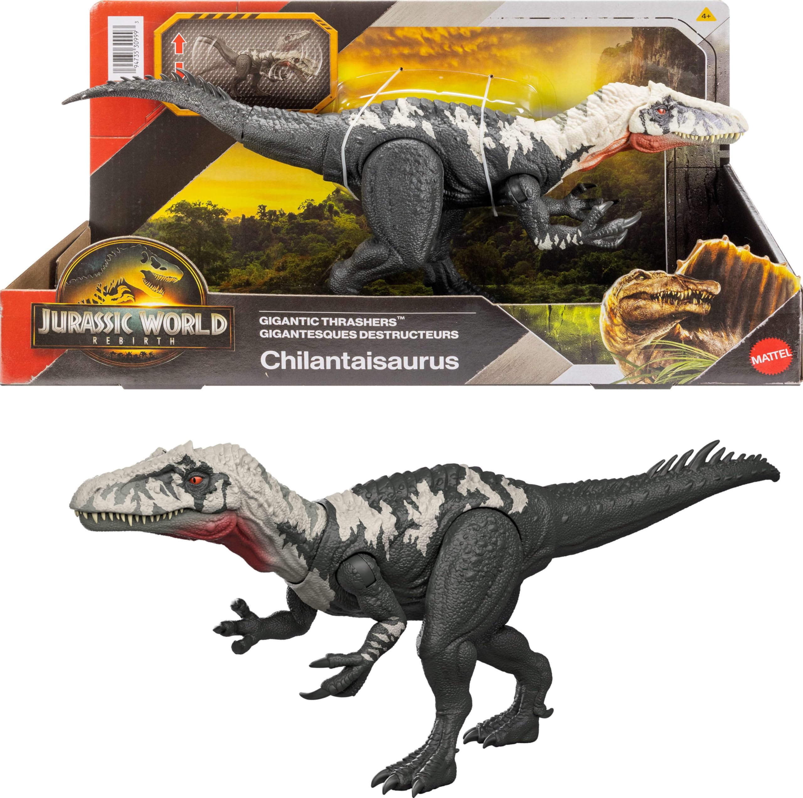Mattel Jurassic World Rebirth Gigantic Thrashers Dinosaur Figure, Chilantalsaurus Large Species Toy, 2 Rampage Attacks, Digital Play