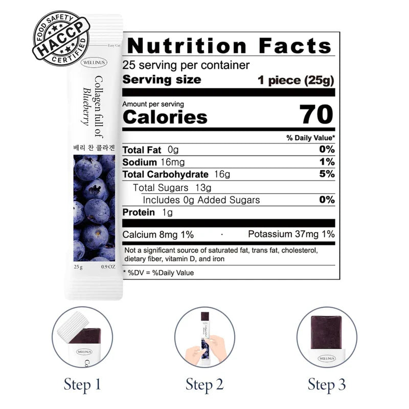 WELLINUS Blueberry Full of Collagen, Jelly Stick, Marine Collagen, Fast Absorbing, Snack, Ultra-Low Weight Molecular Marine Collagen, HACCP Certified, 22.05 oz/Pack of 25