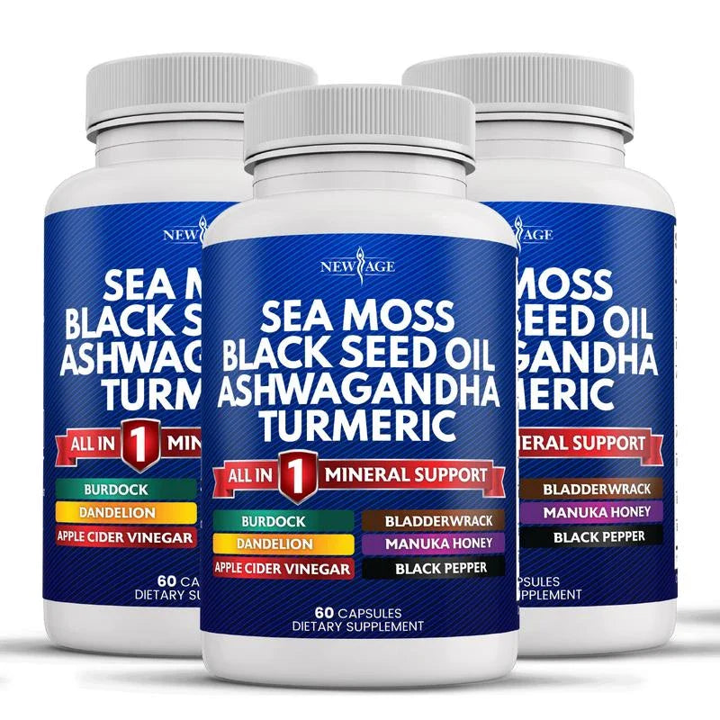 New Age Sea Moss 3000mg Black Seed Oil 2000mg Ashwagandha 1000mg Turmeric 1000mg Bladderwrack 1000mg Burdock 1000mg- with Manuka, Honey Dandelion, ACV Black Pepper Gluten Free Healthcare Supplement Dietary Edible - Size: 5 Bottles