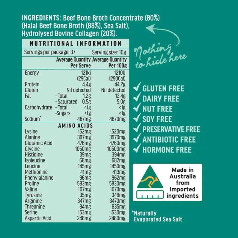 Beef Broth with Collagen Concentrate - Instant bone broth beverage boosted with grass-fed collagen. Halal Broth. Gluten Free, Preservative Free No spices or herbs. Halal Certified 375 gram Jar
