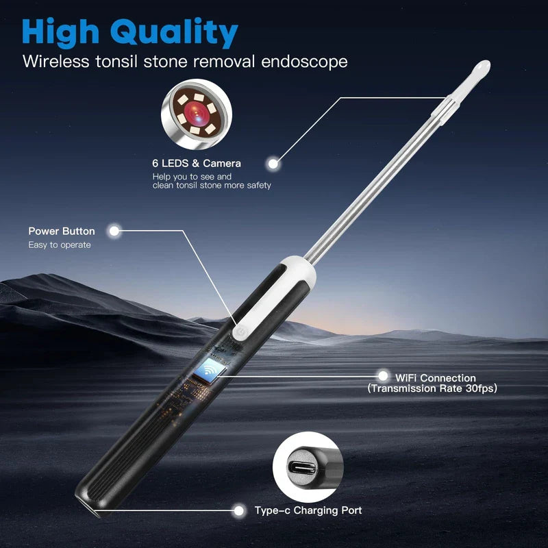 Tonsil Stone Remover Kit with Camera, Visual Tonsil Stone Removal Tool with LED Light, Rechargeable Tonsillolith Removal Tool with 4 Head - Fight Bad Breath - Attachments for iOS & Android(Black)
