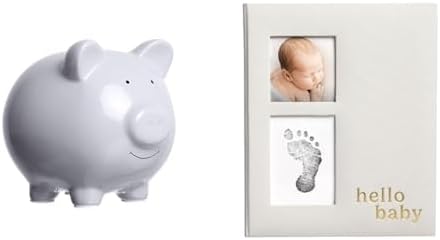 Bundle of Pearhead Large Ceramic Piggy Bank, Solid Gray + Pearhead Linen Memory Book for Baby Boy or Girl