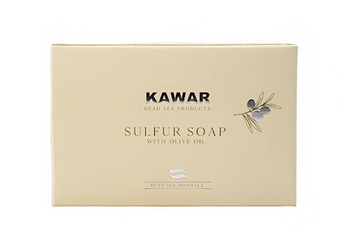 KAWAR Dead Sea Sulfur Soap with Olive Oil, Relief Skin Conditions Such as Acne, Psoriasis, Eczema & Blackheads, for Oily to Normal Skin, Vegan Soap Bar for Men & Women, 4.2 oz