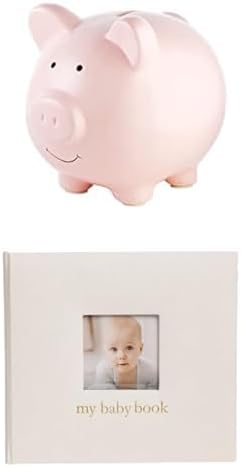 Bundle of Pearhead Large Ceramic Piggy Bank + Pearhead Baby Memory Book, Ivory Linen