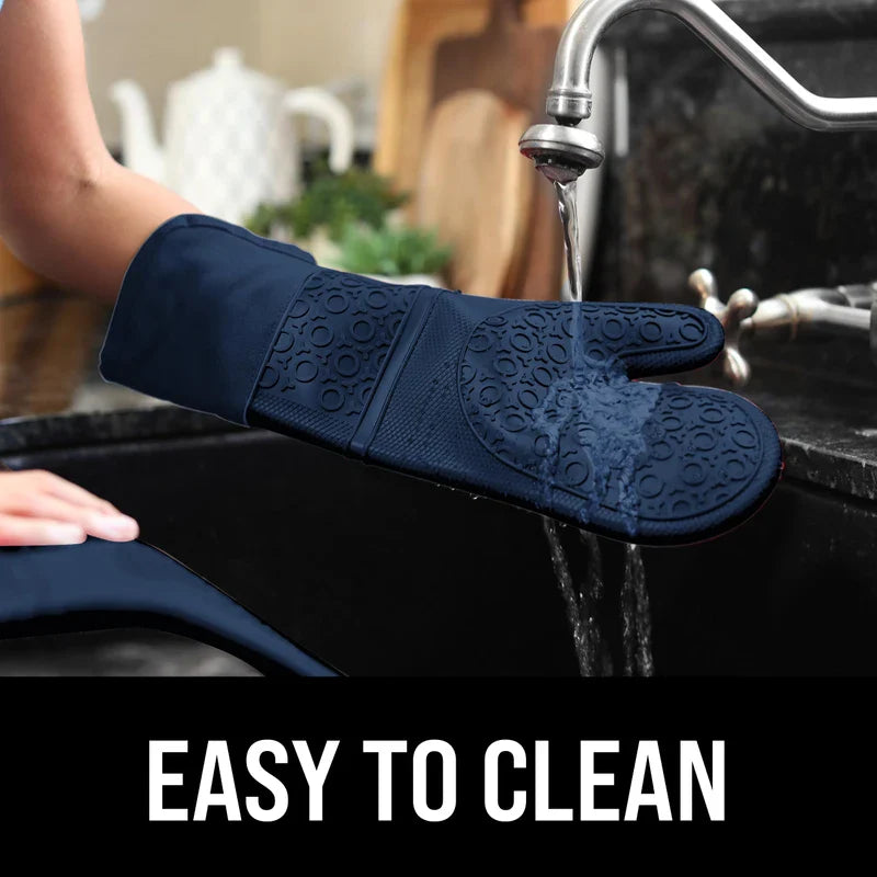 HOMWE Extra Long Professional Silicone Oven Mitt, Oven Mitts with Quilted Liner, Heat Resistant Pot Holders, Flexible Oven Gloves, Navy Blue, 1 Pair, 14.7 Inch