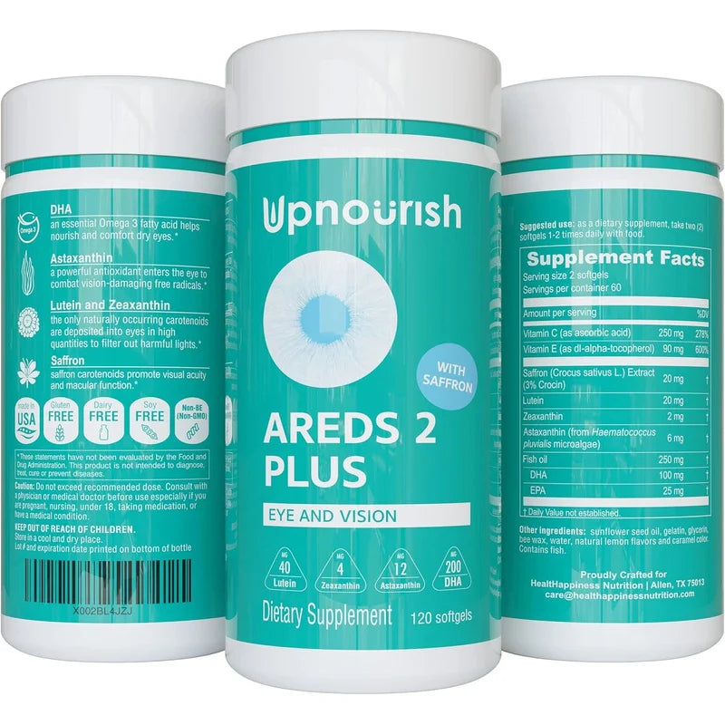 UpNourish AREDS 2+ Advanced Eye Vitamin | Eye Health | Macular & Dry Eye Support | Lutein, Zeaxanthin, Saffron, Astaxanthin & DHA | 120 Softgels