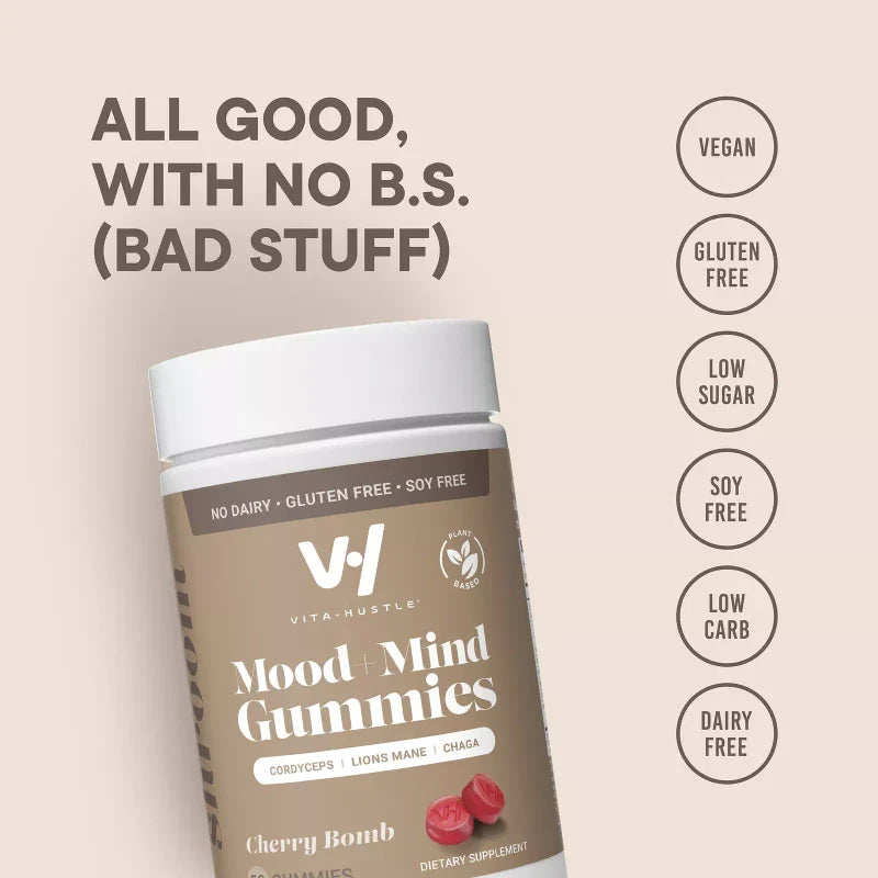 VitaHustle Mood + Mind Gummy Supplement with Chaga, Reishi Mushrooms, 50 Count