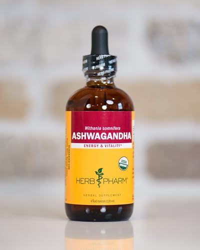 Herb Pharm Certified Organic Ashwagandha Extract for Energy and Vitality, Organic Cane Alcohol, 4 Ounce
