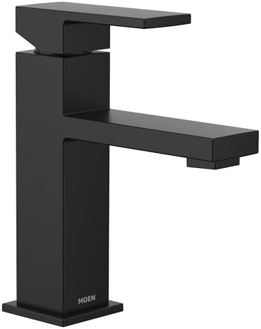 Moen Revyl Matte Black One-Handle Single Hole Modern Bathroom Sink Faucet with Optional Deckplate and Spring Loaded Drain Assembly, 84771BL