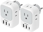 TESSAN 2 Pack Type E F Plug Adapter USB C, Germany France Power Adaptor with 3 USB Charger Ports, 4 AC Outlets Travel Plug for US to Europe EU Spain Iceland Korea Greece Russia German French