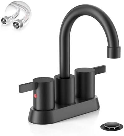 Phiestina 4 Inch 2 Handle Centerset Matte Black Lead-Free Modern Bathroom Faucet, 360 Swivel Spout 2-3 Hole RV Bathroom Vanity Sink Faucet with Pop Up Drain and Water Supply Lines，BF015-1-MB