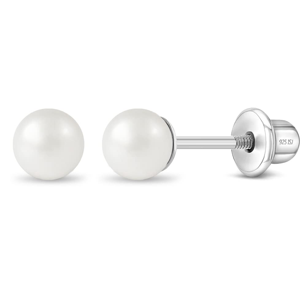 In Season Jewelry Simulated Pearl Kids Earrings – 925 Sterling Silver Hypoallergenic Earrings for Girls with Safety Screw Backs – Safe & Comfortable for Toddlers, Kids & Little Girls, 4mm