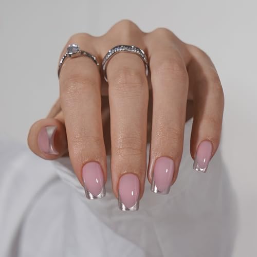 BTArtbox Press on Nails Short - French Tip Press On Nails Square, Silver Glue On Nails, Long Lasting & Natural Stick On Nails in 16 Sizes - 30 Fake Nails Kit, Rock Star