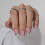 BTArtbox Press on Nails Short - French Tip Press On Nails Square, Silver Glue On Nails, Long Lasting & Natural Stick On Nails in 16 Sizes - 30 Fake Nails Kit, Rock Star
