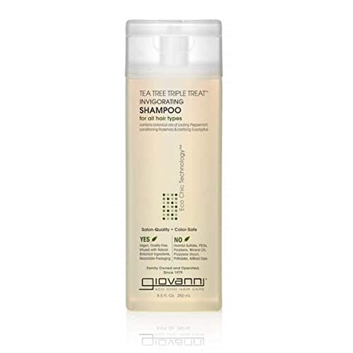 GIOVANNI Tea Tree Triple Treat Invigorating Shampoo - Cooling Peppermint, Eucalyptus & Rosemary, Helps Strengthen & Rejuvenate Hair & Scalp, Salon Quality, Paraben Free, Tea Tree Shampoo - 8.5 oz