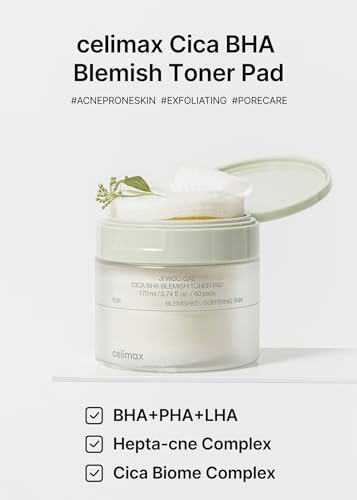 celimax Ji.Woo.Gae Cica BHA Blemish Toner Pad | Hydrating & Moisturizing Exfoliating Pads for Oily Combination Skin, for Soothing, Depuffing, Repairing, Astringent Pads (60 Pads)