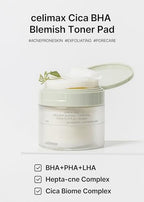 celimax Ji.Woo.Gae Cica BHA Blemish Toner Pad | Hydrating & Moisturizing Exfoliating Pads for Oily Combination Skin, for Soothing, Depuffing, Repairing, Astringent Pads (60 Pads)