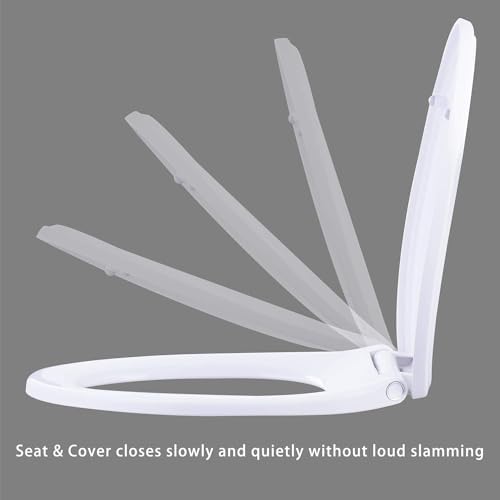 Hibbent Premium Round Toilet Seat with Cover Quiet Close, One-Click to Quick Release, Easy Installation Non-Slip Seat Bumpers, Slow Close Toilet Seat and Cover, Easy Cleaning-White Color
