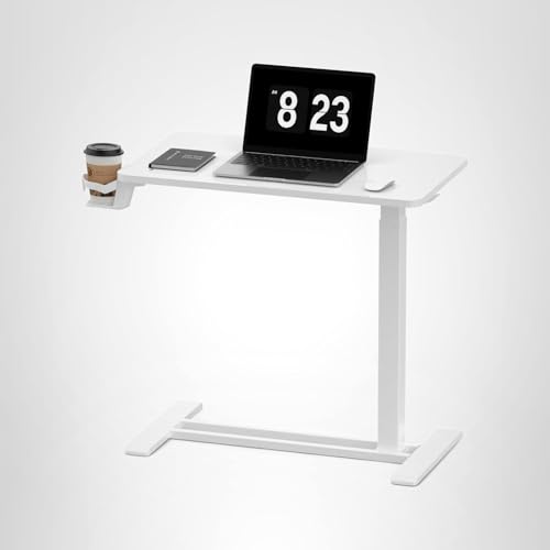 FLEXISPOT H7 Adjustable Overbed Bedside Table with Wheels Pneumatic Mobile Standing Desk Laptop Desk Rolling Computer Cart Movable Overbed Table Hospital Home Use(27.6" W x 15.7" D, White)