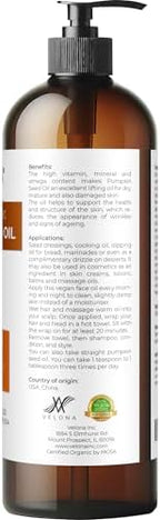 velona Pumpkin Seed Oil USDA Certified Organic - 16 fl oz | 100% Pure and Natural Carrier Oil | Unrefined, Cold Pressed | Cooking, Face, Hair, Body & Skin Care | Use Today - Enjoy Results