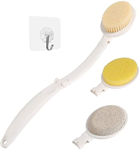 LFJ 3 in 1 Bath Sponge Brush Set for Shower, 19" Long Handled Shower Brush, Shower Sponge and Pumice Gentle Exfoliation and Improved Skin Health, Suitable for Men and Women (White with Soft Brush)