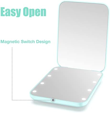 wobsion Small Mirror with Lights,LED Compact Makeup Mirror,1x/3x Mini Travel Mirror with Magnification,Portable Hand Held Mirror for Purse,Pocket,Gifts for Girls,Cyan