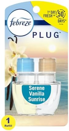 Febreze Odor-Fighting Fade Defy Plug Air Freshener Refill Serene Vanilla Sunrise (1 Refill) of 0.87 Fl Oz + Starter Kit